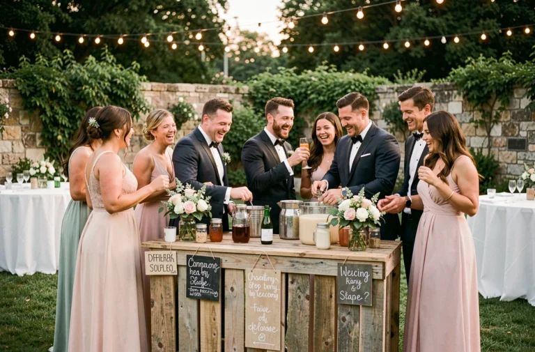 Groupe d'invités joyeux autour d'un bar à cocktails DIY lors d'un mariage en plein air, animation originale et conviviale