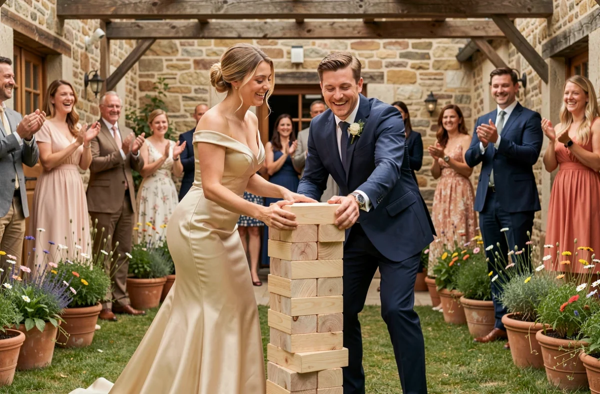 Mariés jouant au Jenga géant lors d'une animation ludique en plein air dans une ferme rustique