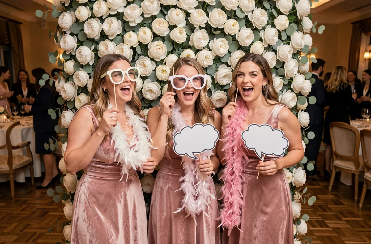 Demoiselles d'honneur riant dans un photobooth fleuri avec accessoires lors d'une réception de mariage festive