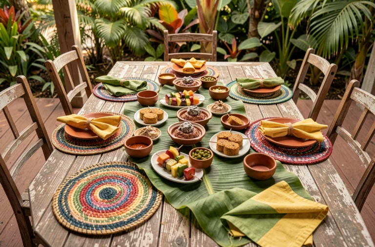 Table d'apéro dînatoire créole en plein air avec accras, boudin antillais, pikliz et brochettes de fruits tropicaux sur une terrasse en bois entourée de végétation luxuriante