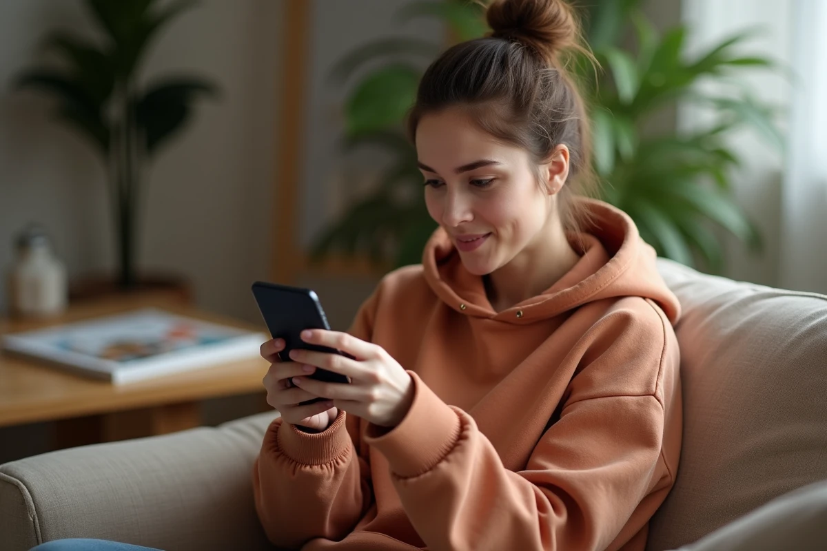 Jeune femme consultant une demande de vérification d'identité Mangopay sur l'application Vinted