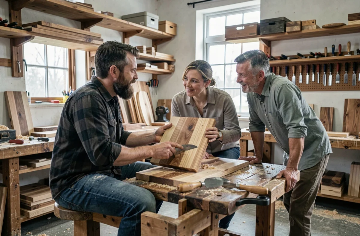 Artisan menuisier présentant une planche en bois fait main à des voisins dans son atelier