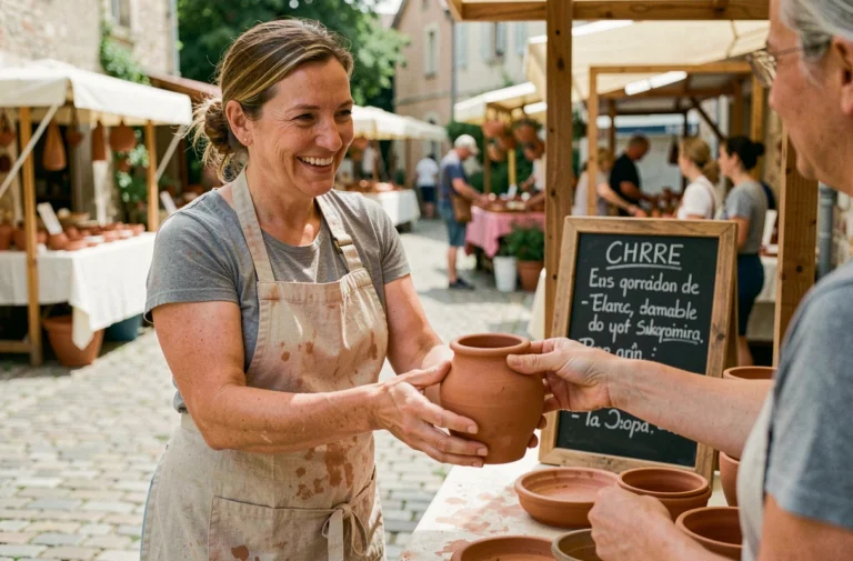 Artisane céramiste remettant un pot en terre cuite à une cliente sur un marché artisanal local