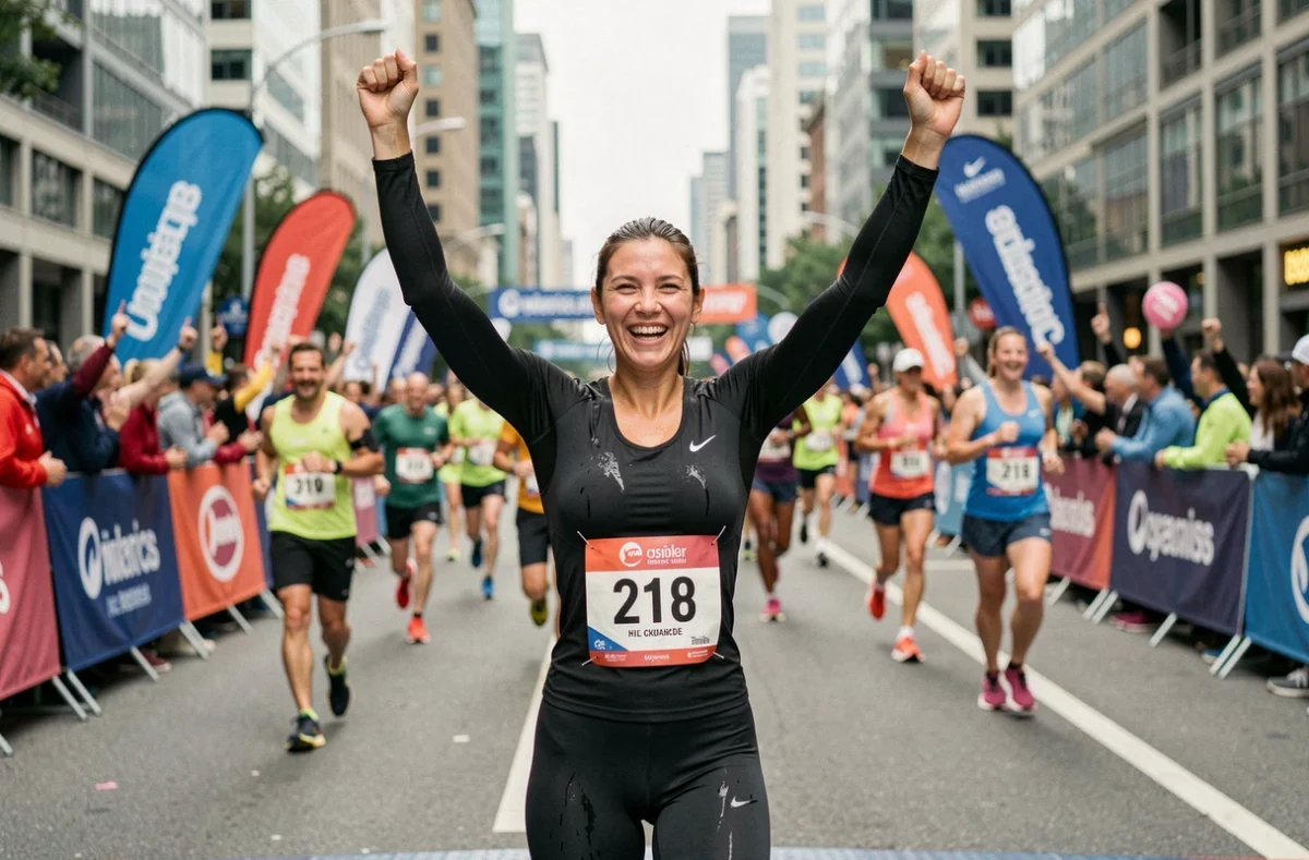 Athlète féminine franchissant la ligne d'arrivée d'un marathon urbain, tendances sportives et compétitions 2024