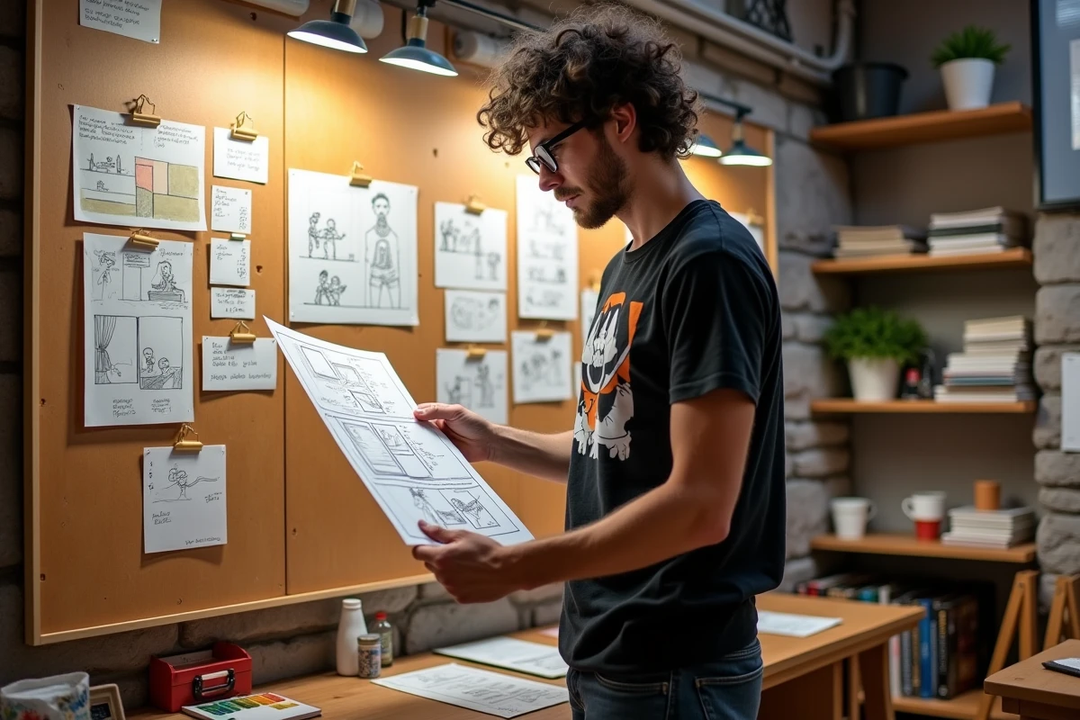 Jeune auteur de webtoon français examinant un storyboard devant un mur de références illustrées dans son studio de création