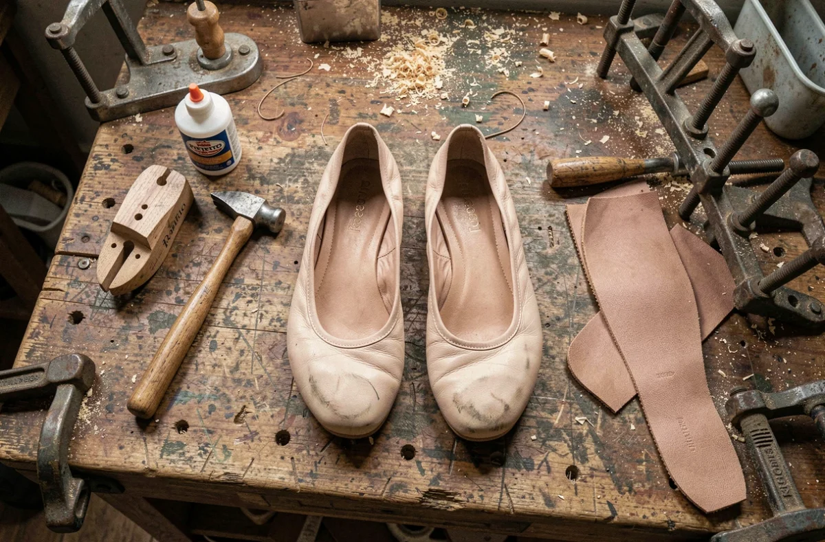 Ballerines Repetto usées posées sur un établi de cordonnier avec outils de réparation