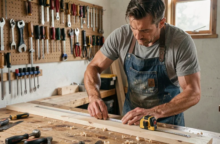 Homme bricoleur mesurant une planche en bois dans un atelier maison bien organisé