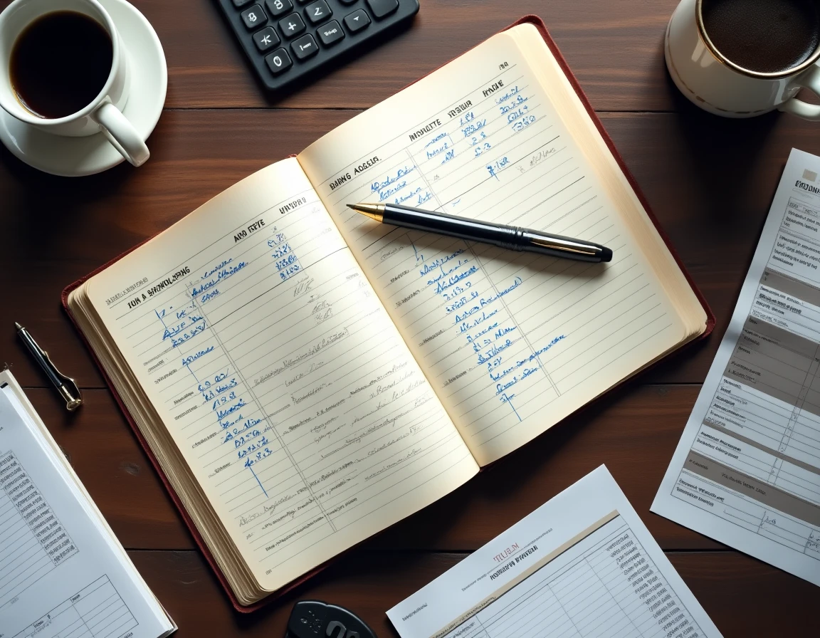 Vue aérienne d'un cahier de comptabilité ouvert avec des entrées de grand livre manuscrites, un stylo et un relevé bancaire sur un bureau en bois