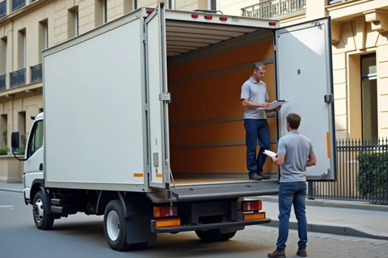 Camion de déménagement 20m3 garé devant un immeuble parisien, portes arrière ouvertes montrant l'espace de chargement