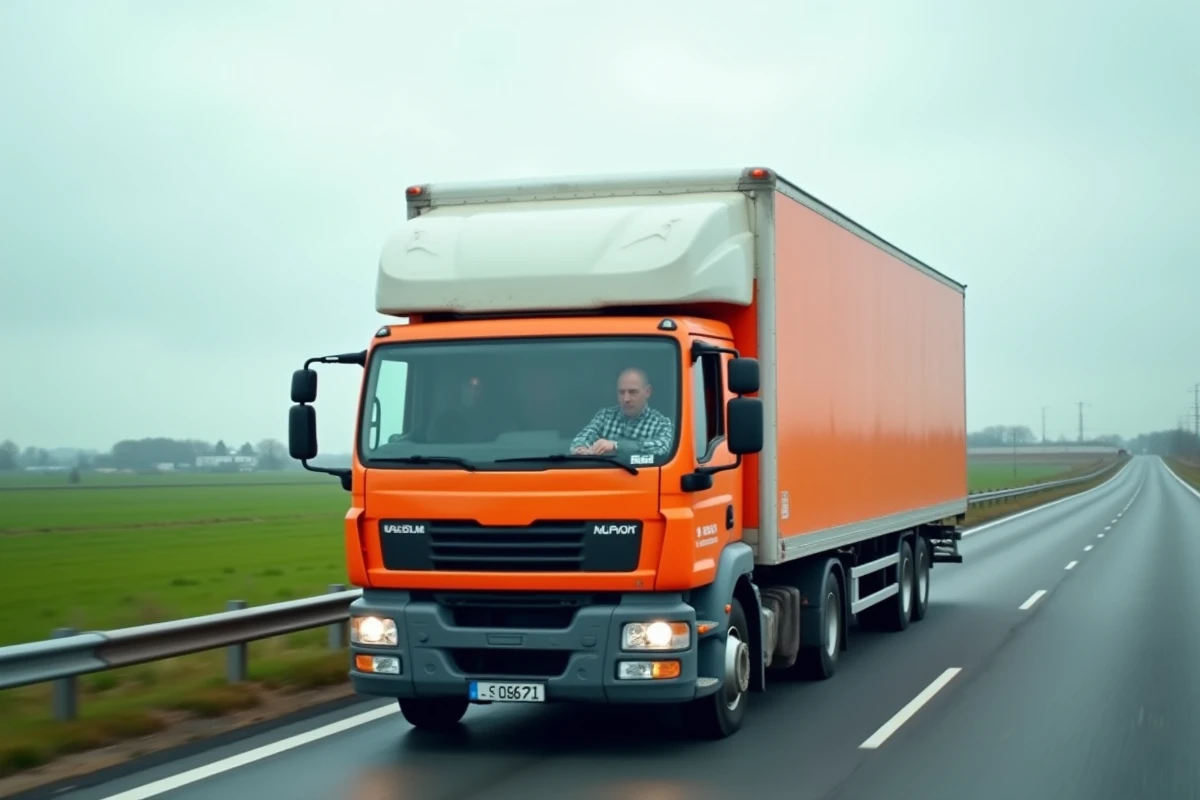 Camion de location 20m3 sur une route nationale française, vue trois quarts avant en mouvement