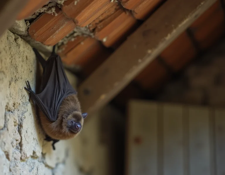 Chauve-souris accrochée au mur en pierre d'une vieille ferme française, symboles et croyances sur la présence des chauves-souris dans la maison