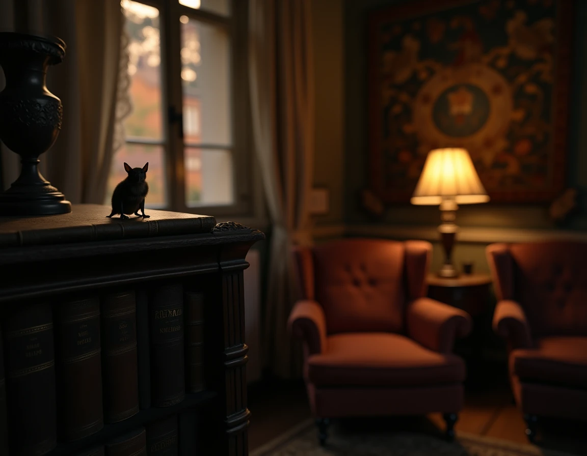Chauve-souris perchée sur une bibliothèque ancienne dans un salon européen, signification symbolique de la chauve-souris dans la maison