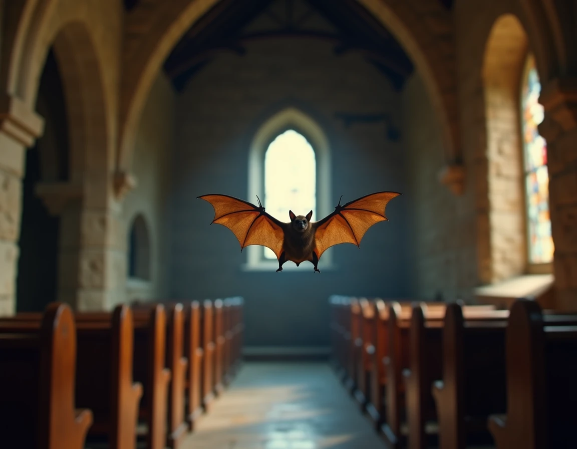 Chauve-souris en vol dans une chapelle en pierre française, croyances et symboles spirituels liés aux chauves-souris dans les bâtiments anciens