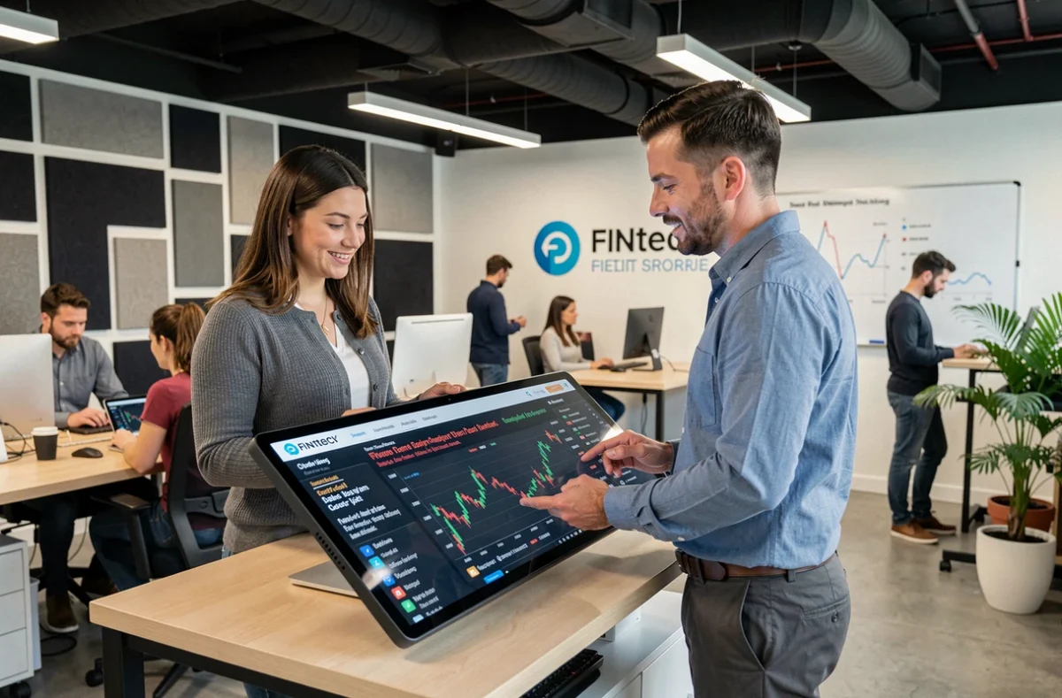 Deux collègues collaborant sur les tendances de la finance en ligne avec une tablette dans un espace de co-working moderne
