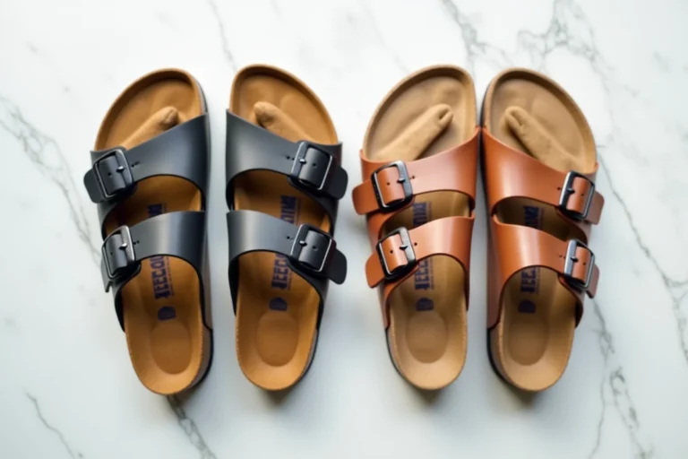 Comparatif chaussures Scholl et Birkenstock posées côte à côte sur marbre blanc, vue du dessus
