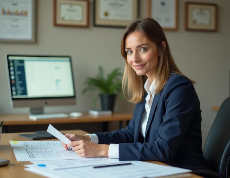 Comptable professionnelle analysant des relevés bancaires et des documents financiers sur son bureau de travail