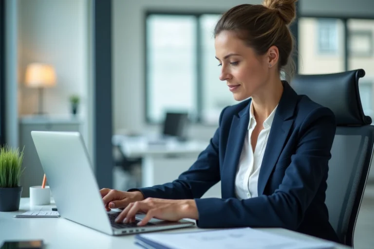 Femme comptable connectée à un logiciel de gestion sur ordinateur portable dans un bureau professionnel