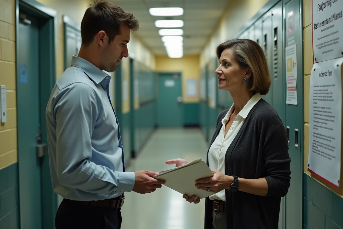 Échange entre une femme administratrice et un jeune enseignant