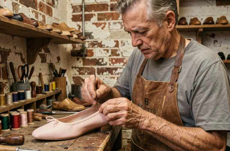Cordonnier professionnel réparant des ballerines Repetto roses dans son atelier artisanal