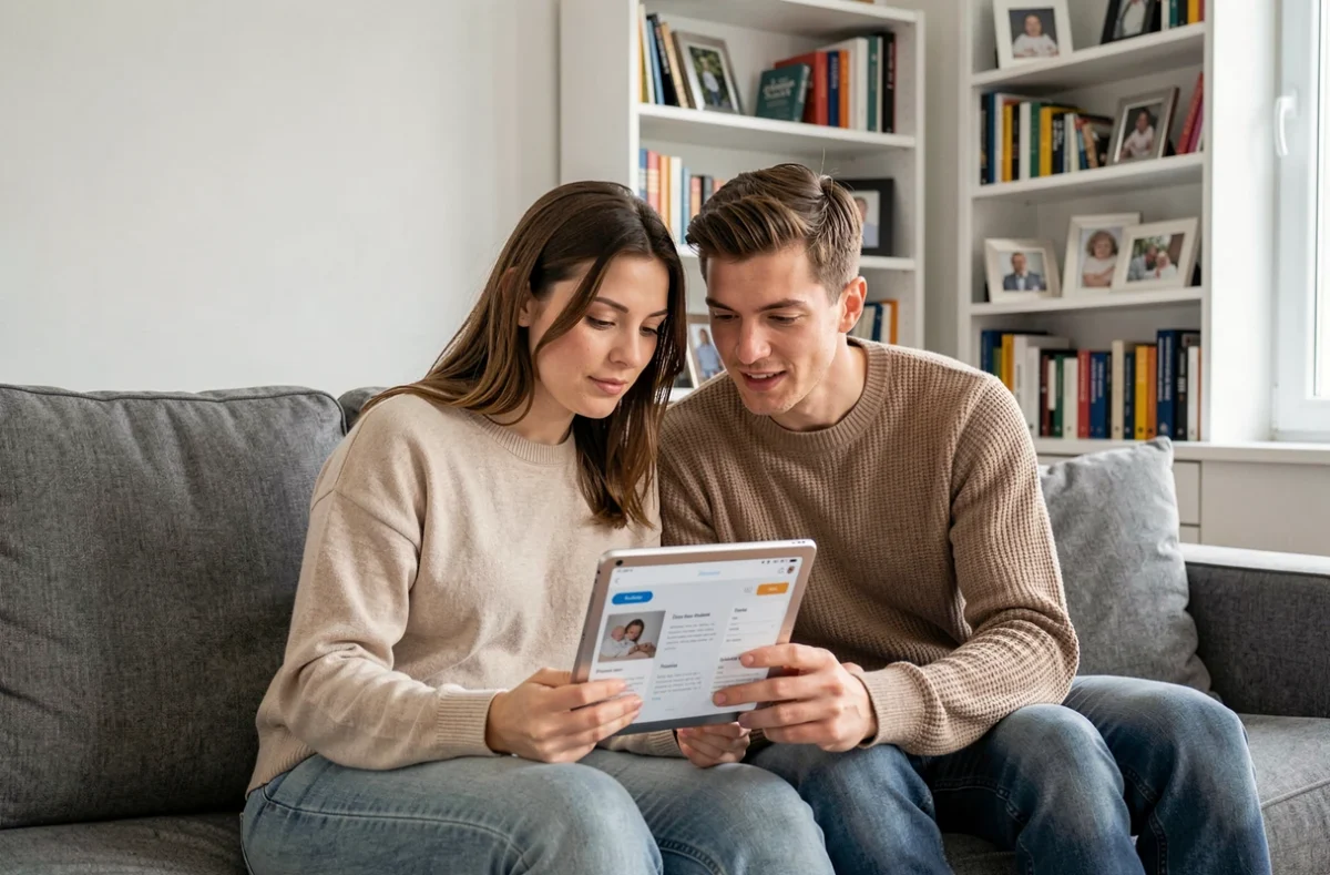 Couple de futurs parents choisissant des articles pour leur liste de naissance sur une tablette dans leur salon