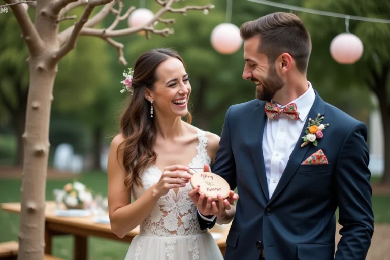 Jeune couple riant lors d'un mariage en extérieur