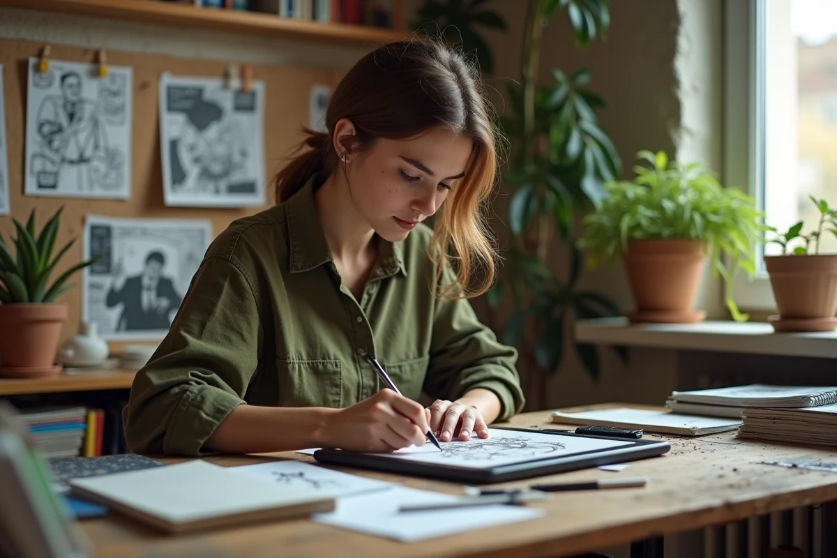 Jeune créatrice de webtoon français dessinant sur tablette graphique dans son studio parisien entouré de planches et sketchbooks