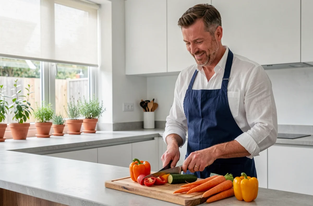 Homme préparant des légumes frais dans une cuisine moderne dans le cadre d'astuces pour un mode de vie sain