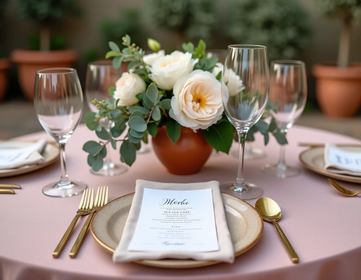 Table de mariage provençale décorée avec pivoines, vaisselle vintage dorée et cartes de menu calligraphiées dans un jardin méditerranéen