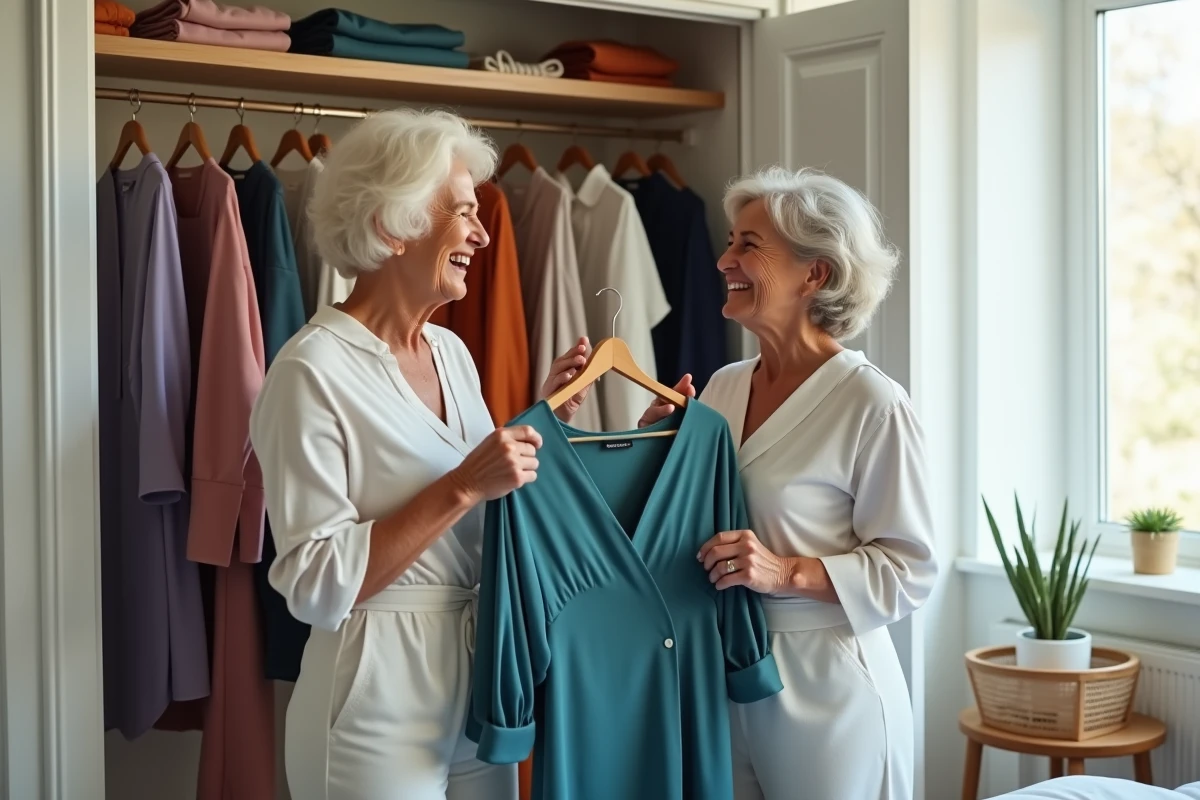 Deux femmes de 60 ans riant devant une armoire ouverte organisée par couleurs, choisissant ensemble une robe bleu sarcelle