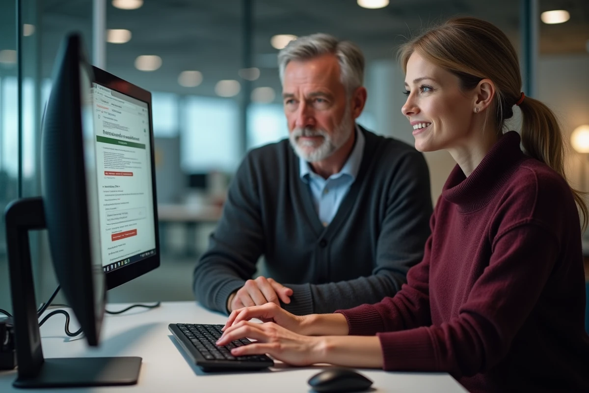 Deux collègues analysant un message d'erreur de connexion sur un logiciel de gestion en entreprise