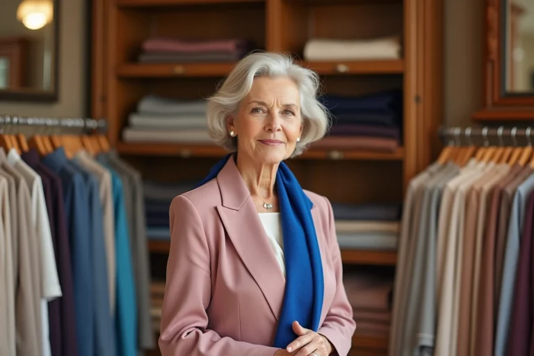 Femme élégante de 60 ans choisissant des couleurs de vêtements dans une boutique parisienne, tenant un foulard bleu cobalt près de son visage