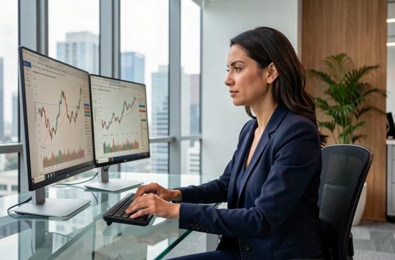 Femme professionnelle analysant des graphiques financiers sur deux écrans dans un bureau moderne avec vue sur la ville