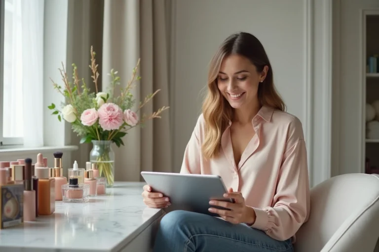 Femme élégante explorant des astuces beauté sur sa tablette
