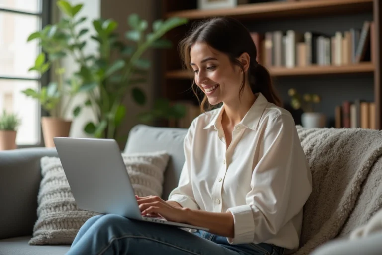 Jeune femme au bureau explorant une plateforme de cartes cadeaux