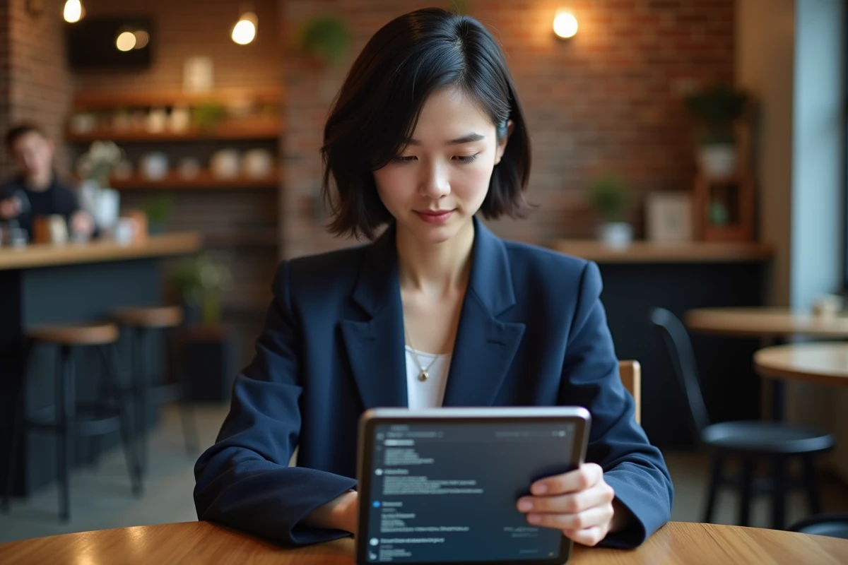 Jeune femme configurant un proxy sur une tablette dans un café urbain