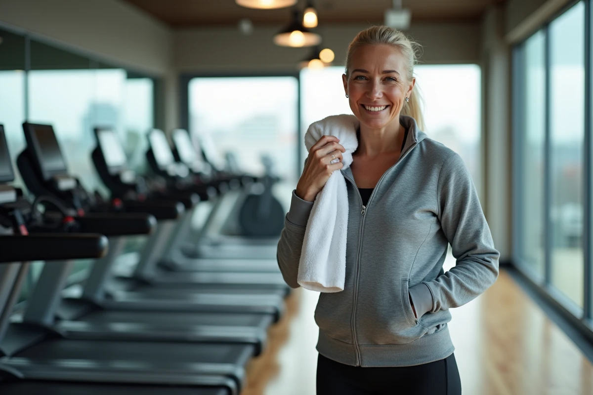 Femme souriante avec une serviette dans un centre de fitness
