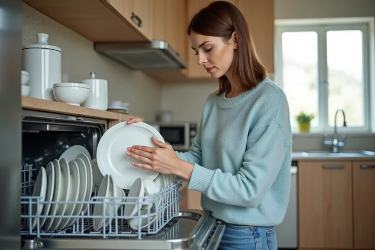 Femme chargeant délicatement la vaisselle en porcelaine dans le lave-vaisselle