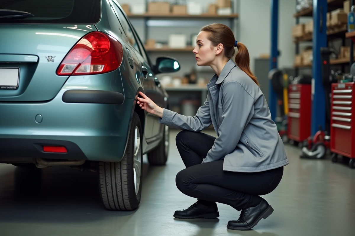 Femme en tenue de travail indiquant le point de levage arrière de la Peugeot
