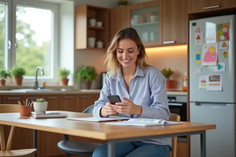 Femme organisée dans sa cuisine lumineuse et accueillante