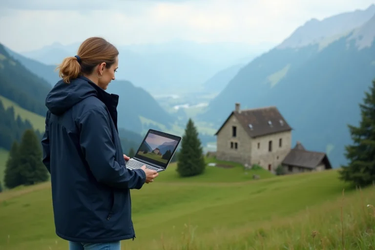 Femme regardant un laptop avec paysage Pilat