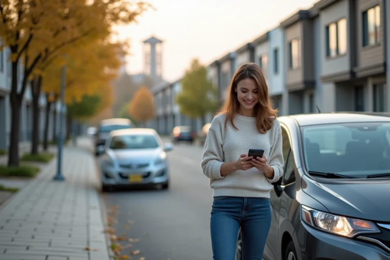 Jeune femme souriante confirmant une réservation de voiture dehors