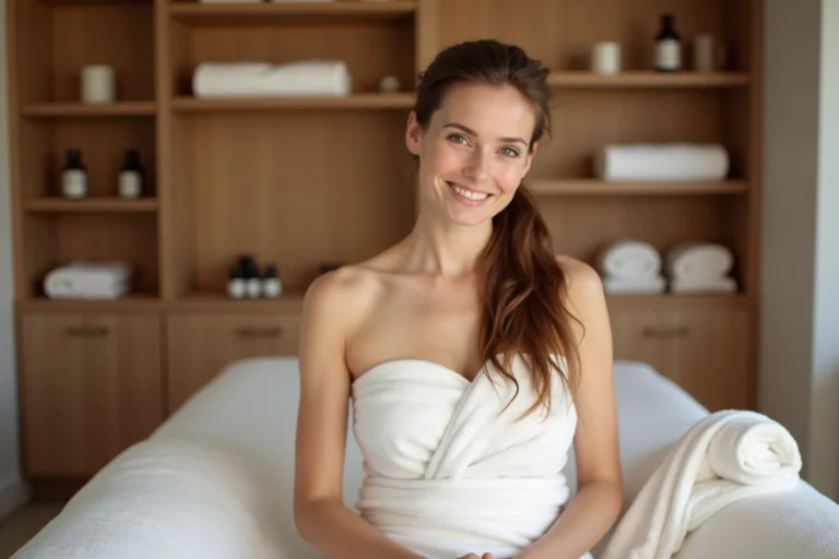 Femme détendue dans un spa avec serviette blanche