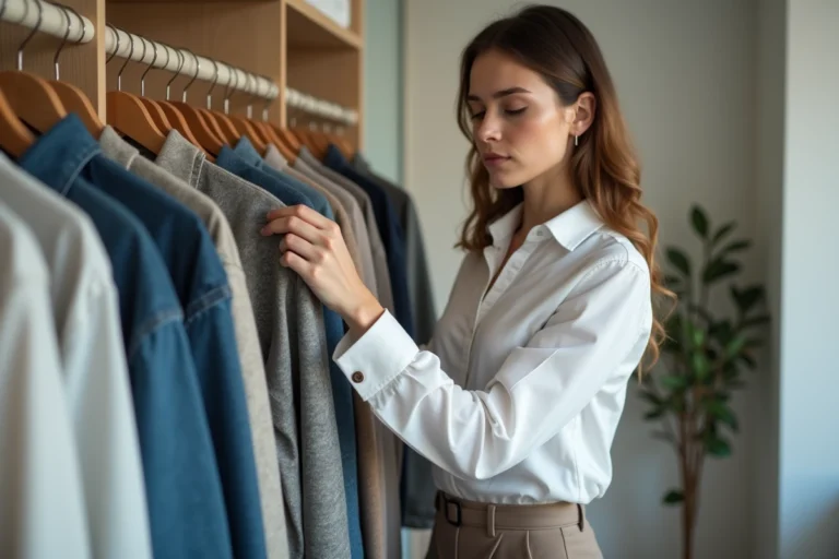 Femme triant des vêtements dans une chambre lumineuse