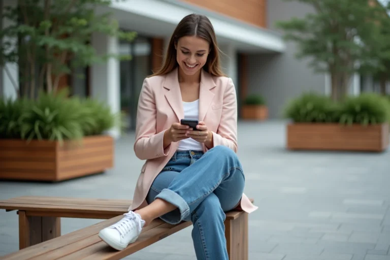 Femme en blazer pastel et jeans dans une place urbaine