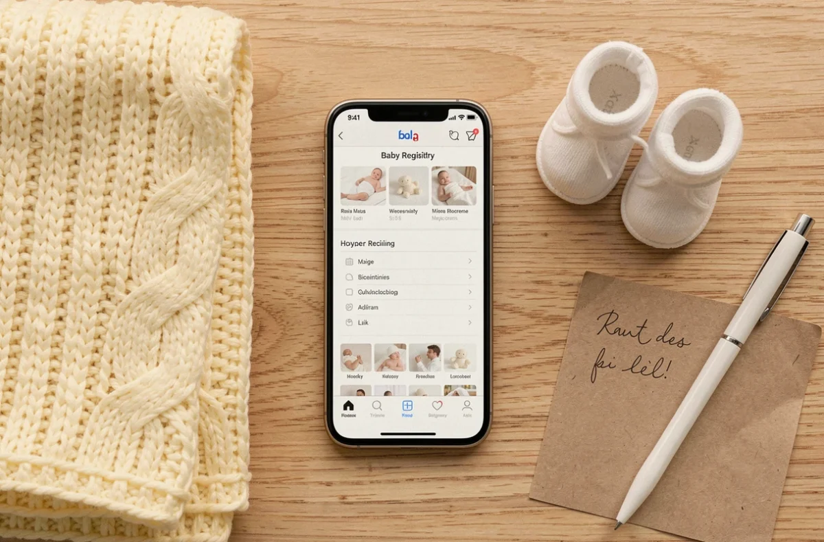 Vue de dessus d'un smartphone avec une liste de naissance en ligne entouré d'accessoires bébé sur un bureau en bois
