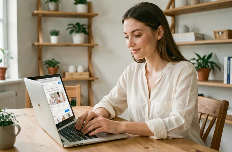 Jeune femme enceinte consultant une liste de naissance en ligne sur son ordinateur portable depuis son domicile
