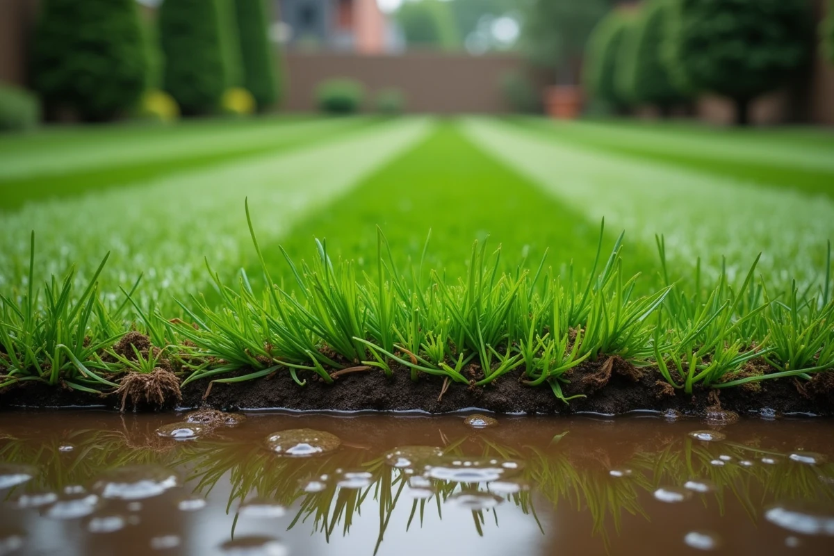 Gros plan sur une pelouse fraîchement tondue avec flaques d'eau et résidus d'herbe mouillée après la pluie