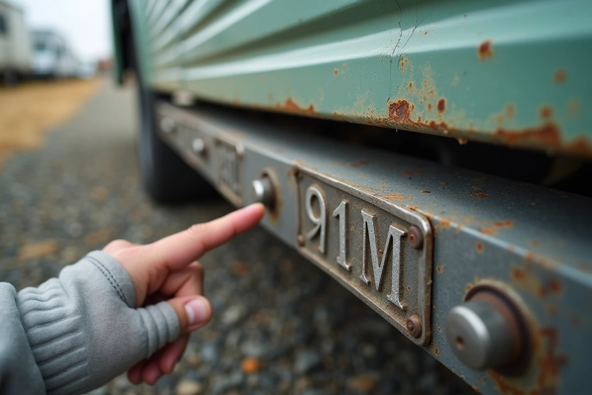 Gros plan sur la plaque VIN du châssis d'un mobil-home avec une main gantée indiquant le numéro d'identification