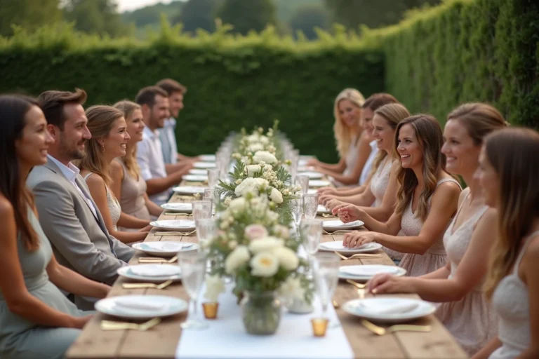 Groupe d'invités élégants lors d'un mariage en plein air