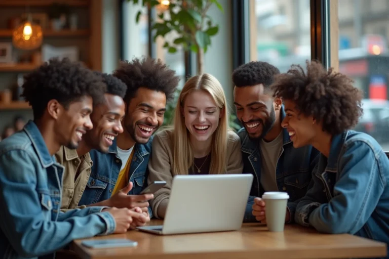 Groupe de jeunes adultes autour d'un ordinateur et smartphone